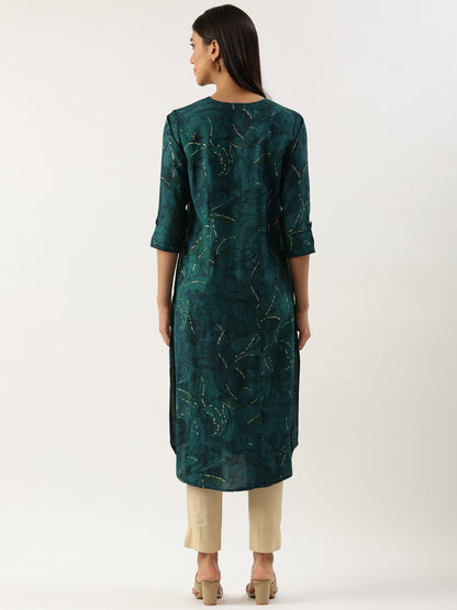 Green Leaf Printed V-Neck Kurta