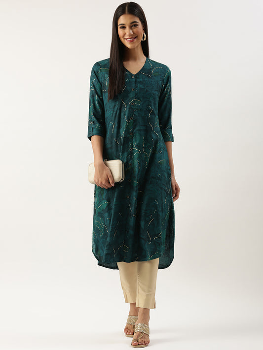 Green Leaf Printed V-Neck Kurta