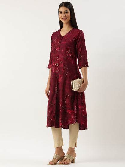 Fuschia Leaf Printed V-Neck Kurta