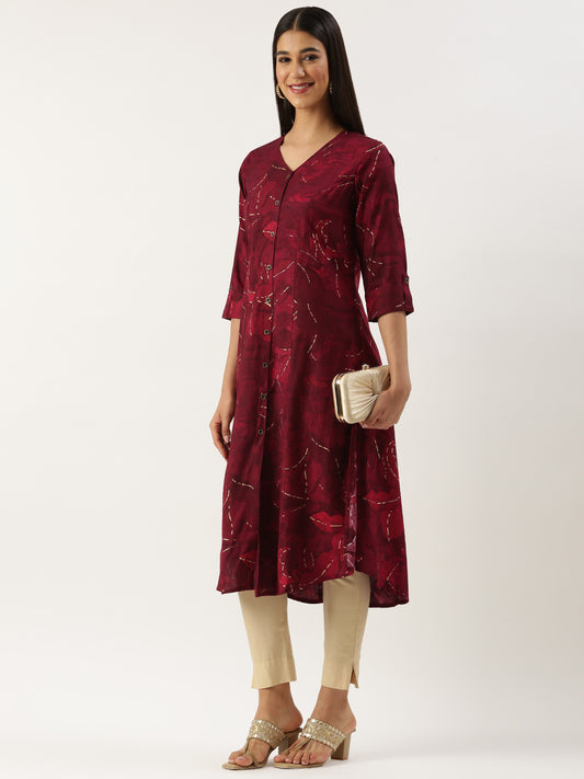 Fuschia Leaf Printed V-Neck Kurta