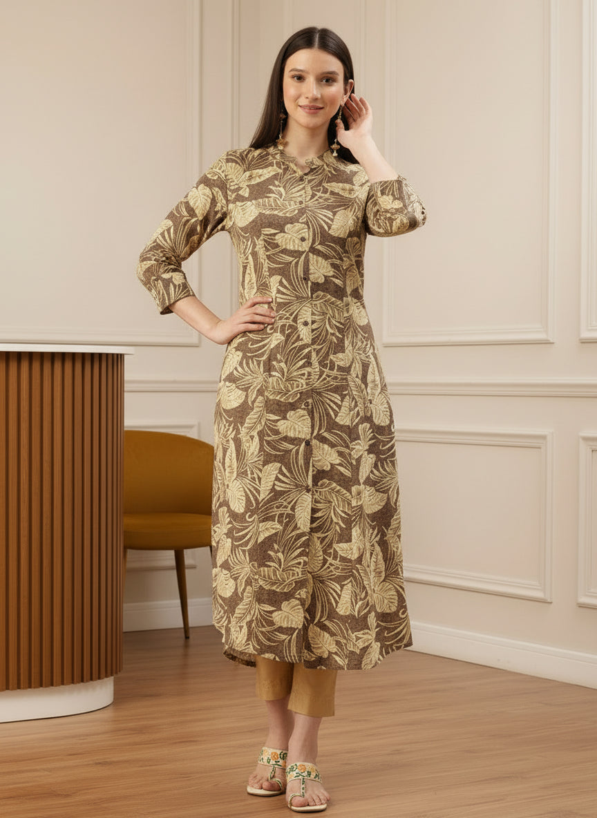 Brown Floral Printed Kurta, Princess Cur Kurta, A-Line Kurta, Floral Print, Mandarin Collar kurta, printed kurta
