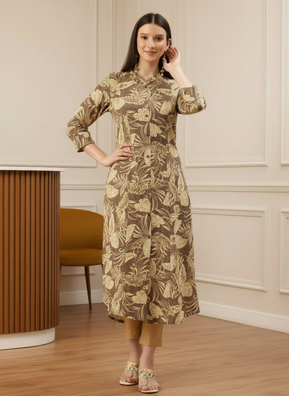 Brown Floral Printed Kurta, Princess Cur Kurta, A-Line Kurta, Floral Print, Mandarin Collar kurta, printed kurta
