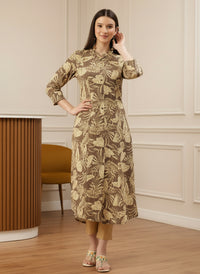 Brown Floral Printed Kurta, Princess Cur Kurta, A-Line Kurta, Floral Print, Mandarin Collar kurta, printed kurta
