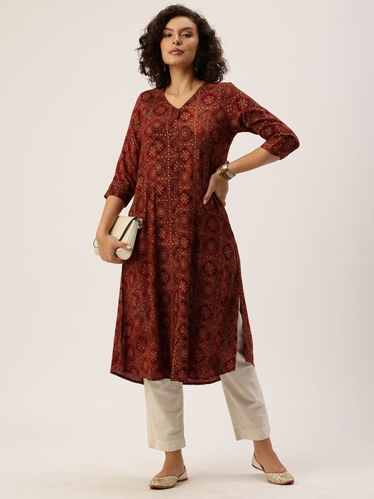 Wine Ethnic Motifs Printed Kurta, Princess Cur Kurta, A-Line Kurta, Floral Print, Mandarin Collar kurta, printed kurta
