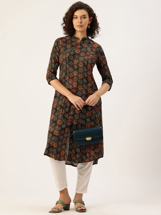 Olive Green Geometric Printed Kurta, Princess Cur Kurta, A-Line Kurta, Floral Print, Mandarin Collar kurta, printed kurta
