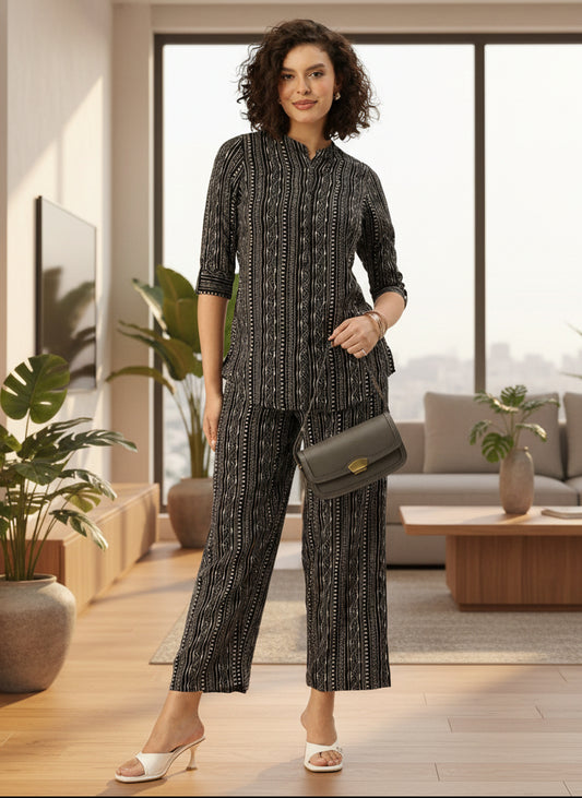 Black Stripe Printed Co-Ords, floral Printed Co-Ords Set, Stripe Printed Palazzos Set, printed co-ords, Stripe printed, co-ord set, Shirt and palazzo set, women’s co-ords, elegant co-ords, two-piece set
