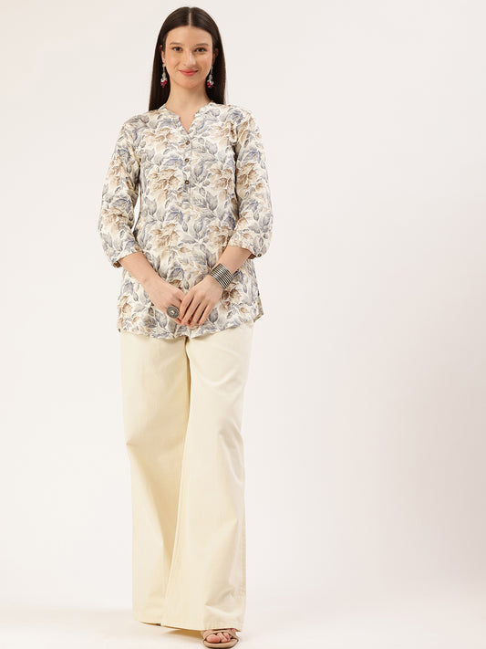 Blue Leaf Printed Mandarin Collar Tunic