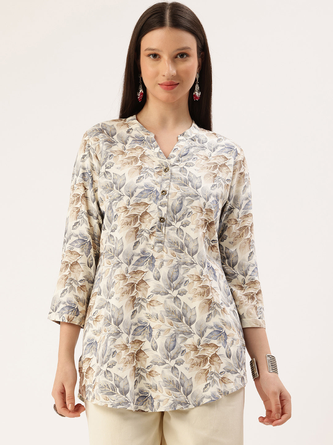 Blue Leaf Printed Mandarin Collar Tunic