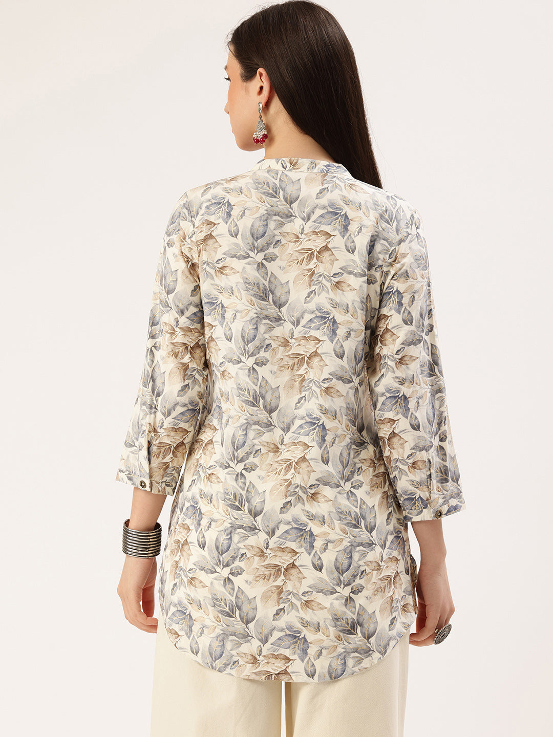 Blue Leaf Printed Mandarin Collar Tunic