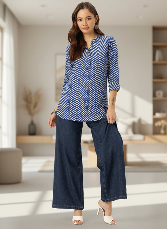 Blue Zig-Zag Print Tunic, Floral Printed Tunic, printed tunic, mandarin collar Tunic, casual wear Tunic, women’s tunic, Office Wear Tunic
