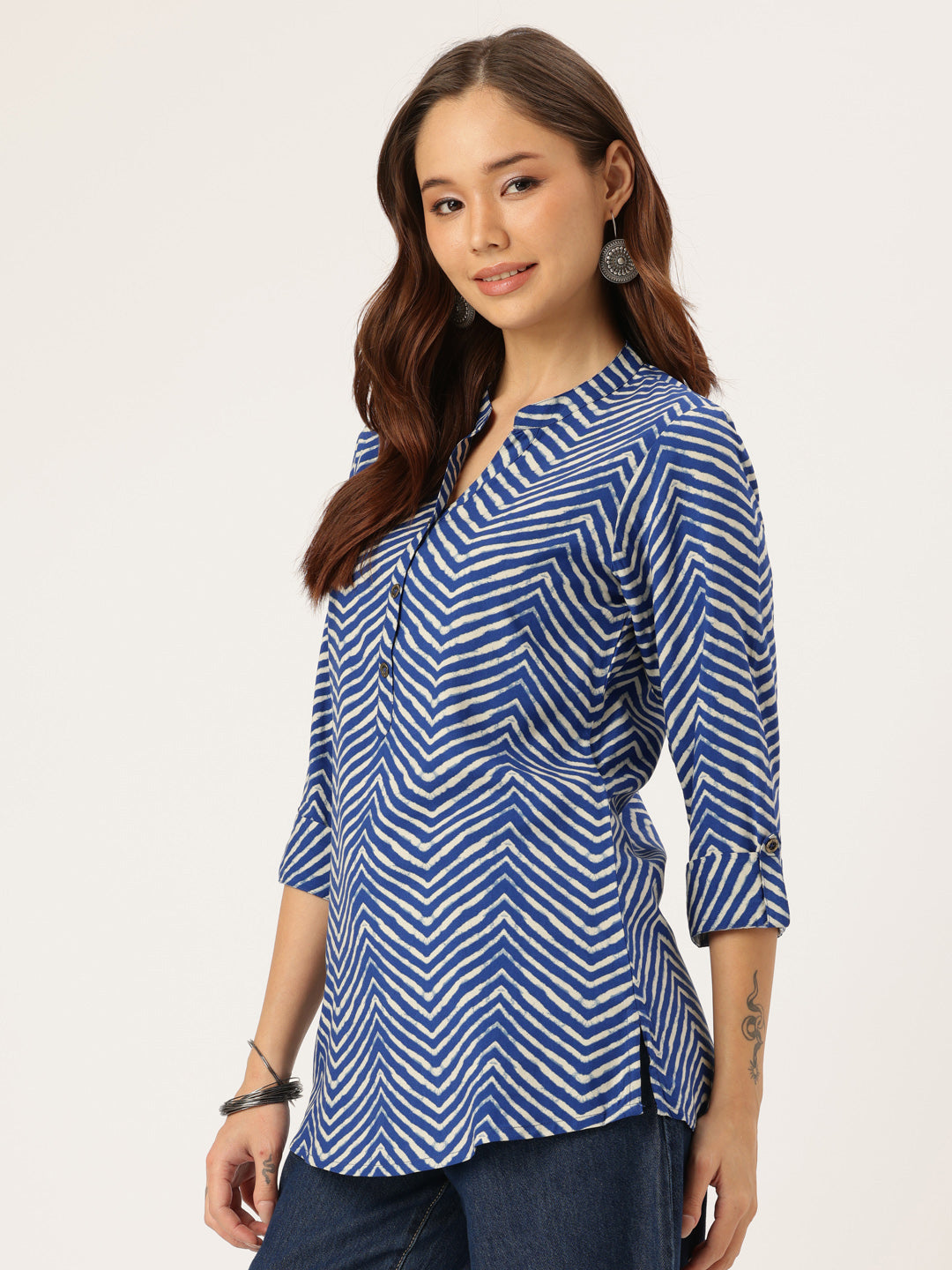 Blue Zig-Zag Print Tunic, Floral Printed Tunic, printed tunic, mandarin collar Tunic, casual wear Tunic, women’s tunic, Office Wear Tunic