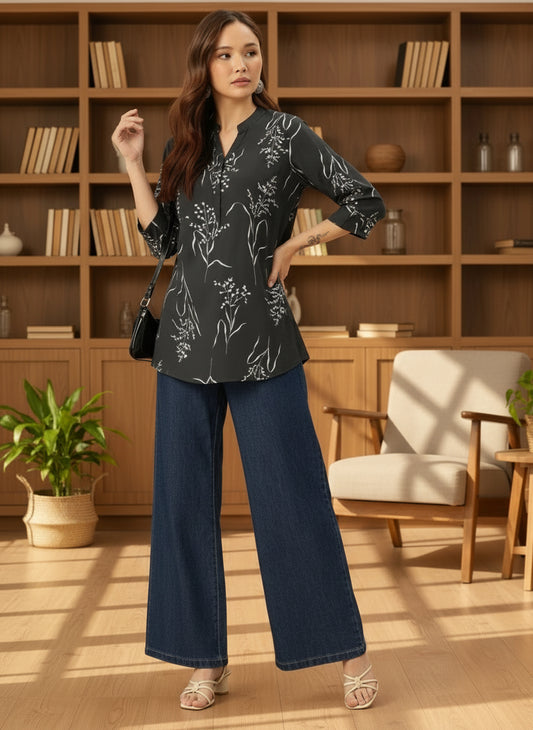 Grey  Printed Tunic, Floral Printed Tunic, printed tunic, mandarin collar Tunic, casual wear Tunic, women’s tunic, Office Wear Tunic
