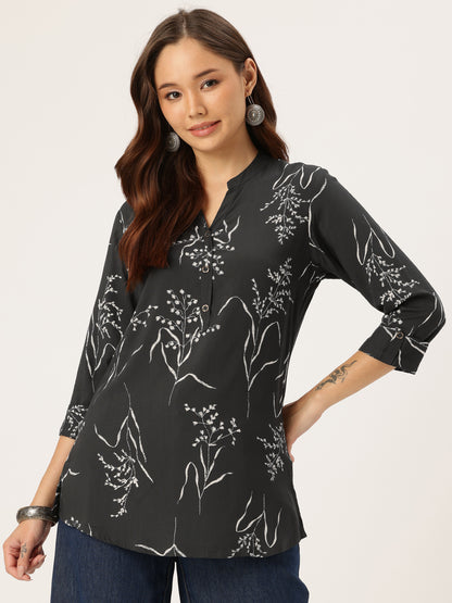 Grey  Printed Tunic, Floral Printed Tunic, printed tunic, mandarin collar Tunic, casual wear Tunic, women’s tunic, Office Wear Tunic