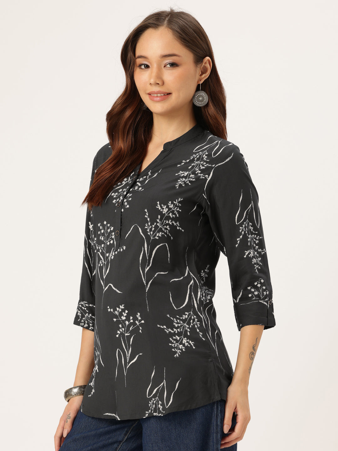 Grey  Printed Tunic, Floral Printed Tunic, printed tunic, mandarin collar Tunic, casual wear Tunic, women’s tunic, Office Wear Tunic