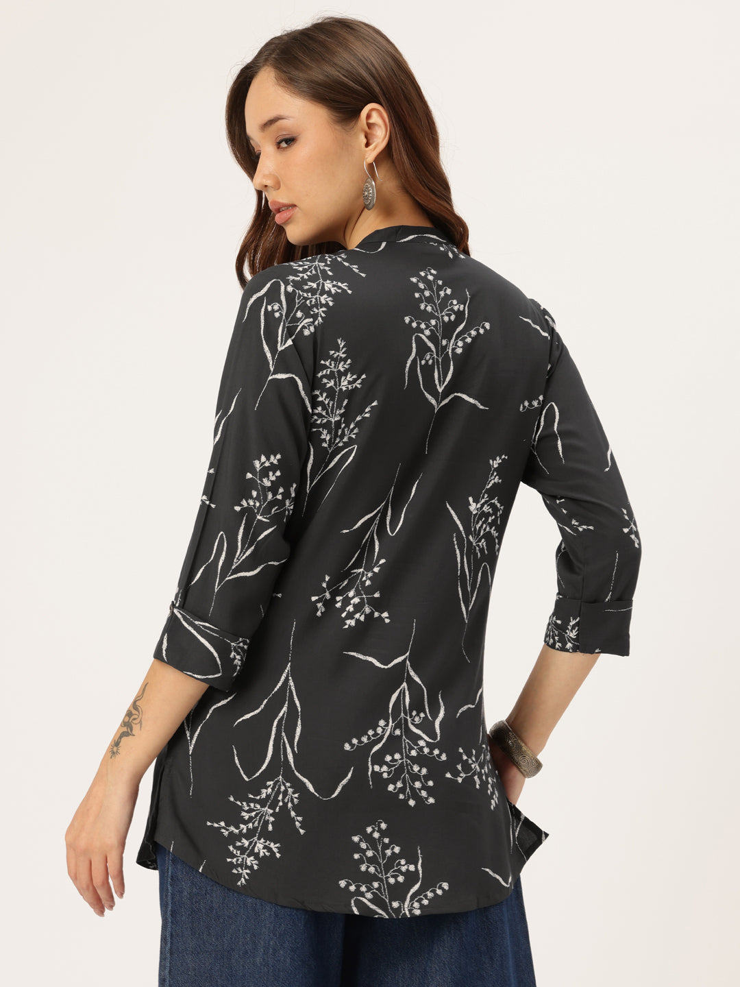 Grey  Printed Tunic, Floral Printed Tunic, printed tunic, mandarin collar Tunic, casual wear Tunic, women’s tunic, Office Wear Tunic