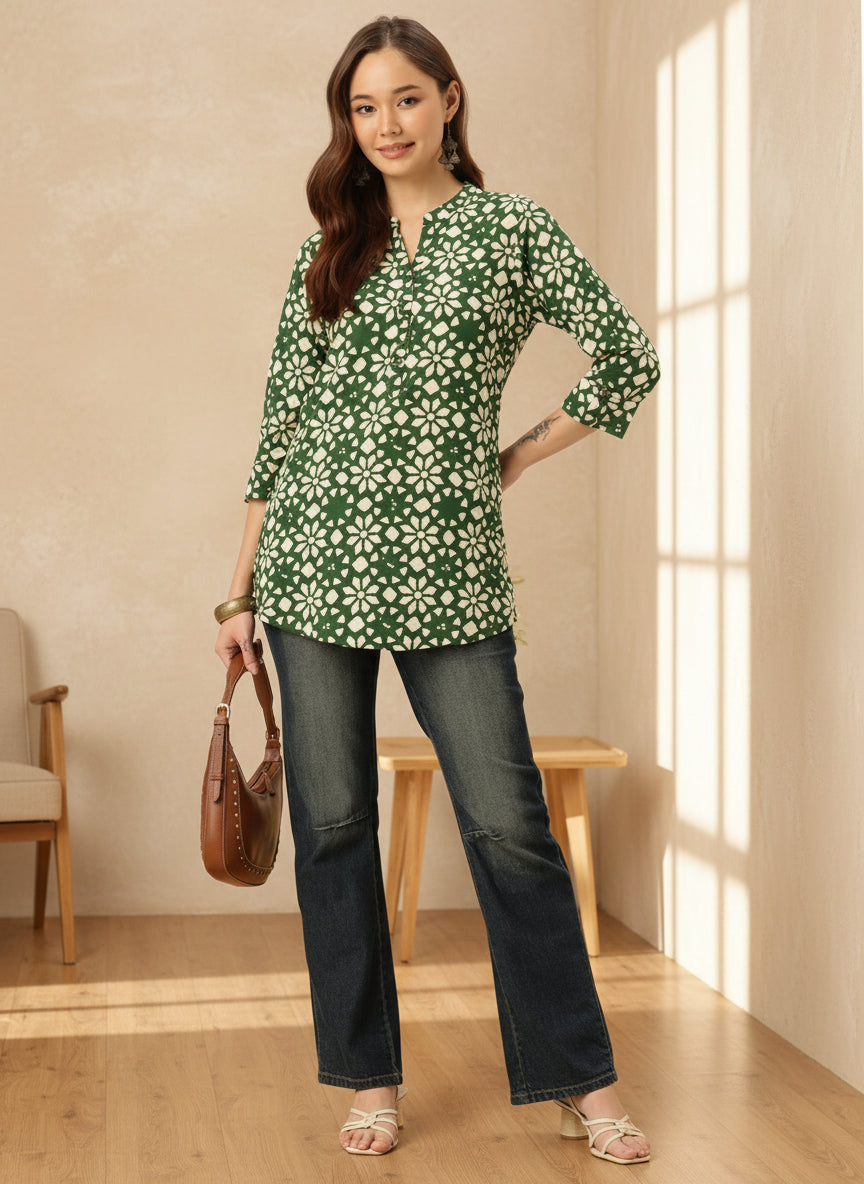 Green Floral Printed Mandarin Collar Tunic, Floral Printed Tunic, printed tunic, mandarin collar Tunic, casual wear Tunic, women’s tunic, Office Wear Tunic
