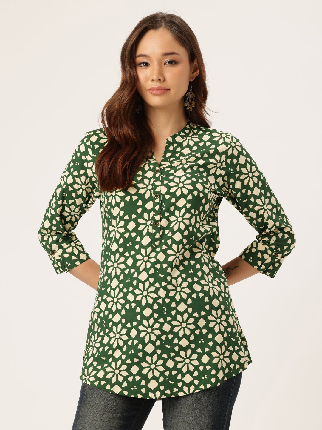 Green Floral Printed Mandarin Collar Tunic, Floral Printed Tunic, printed tunic, mandarin collar Tunic, casual wear Tunic, women’s tunic, Office Wear Tunic