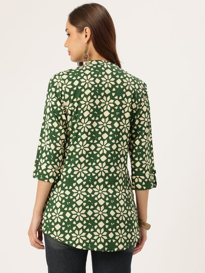 Green Floral Printed Mandarin Collar Tunic, Floral Printed Tunic, printed tunic, mandarin collar Tunic, casual wear Tunic, women’s tunic, Office Wear Tunic