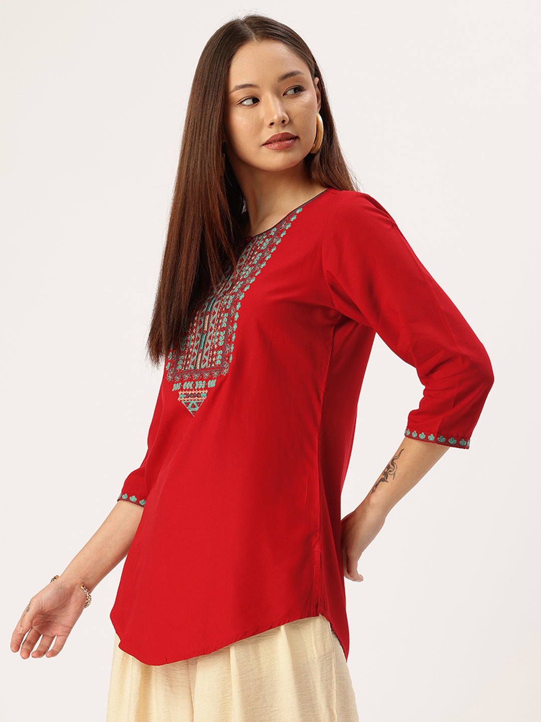 Red Printed Embroidered Tunic