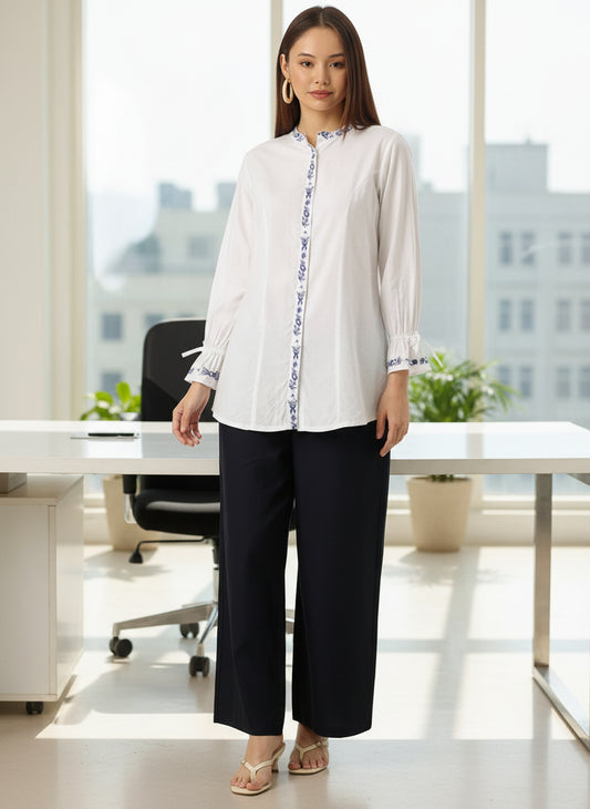 White Embroidered Tunic, Floral Printed Tunic, printed tunic, mandarin collar Tunic, casual wear Tunic, women’s tunic, Office Wear Tunic
