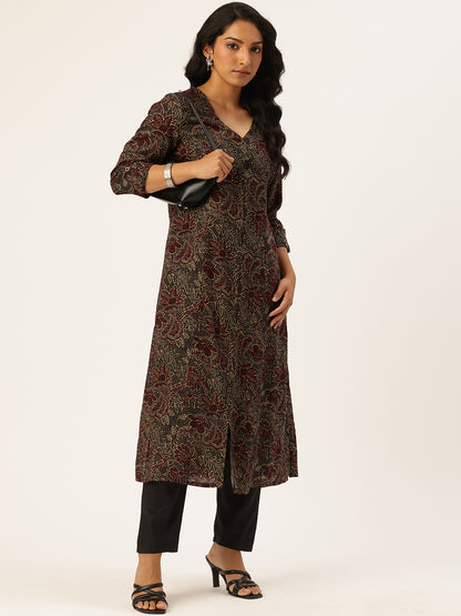 Black Floral Printed Kurta