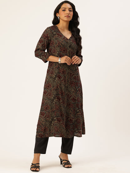 Black Floral Printed Kurta