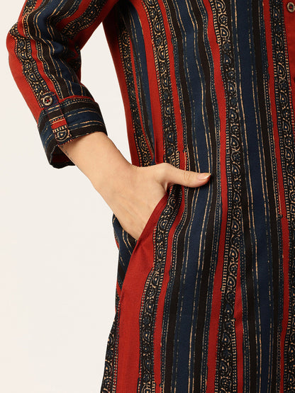 Red & Blue Stripe Printed Kurta