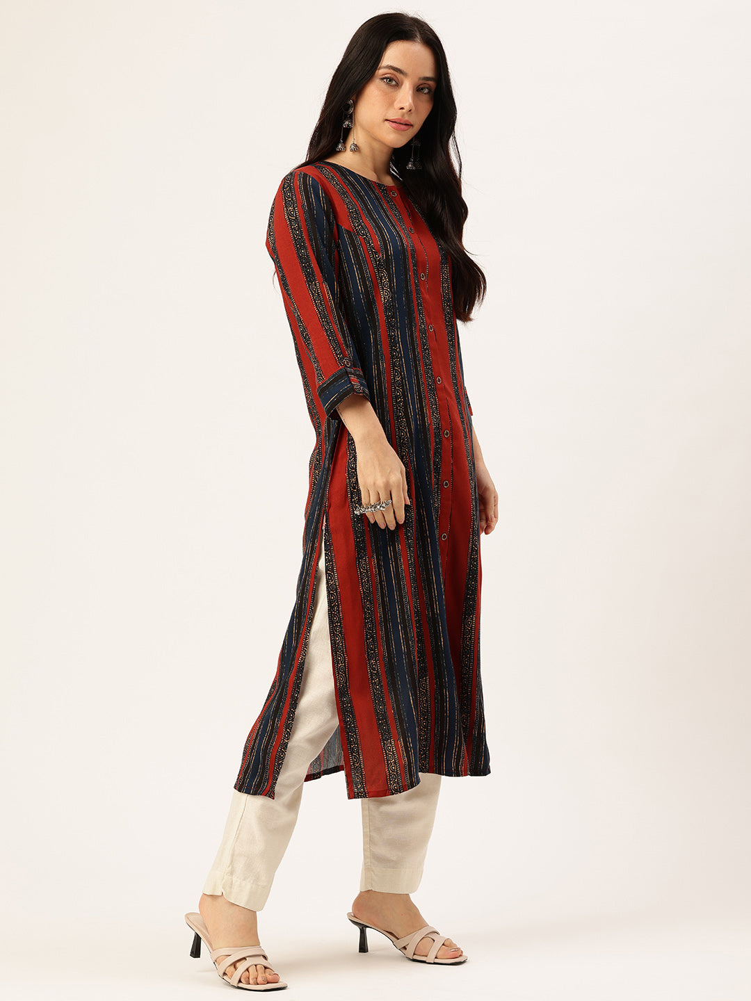 Red & Blue Stripe Printed Kurta
