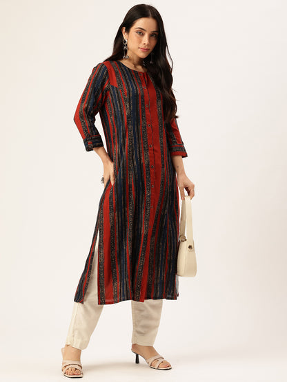 Red & Blue Stripe Printed Kurta
