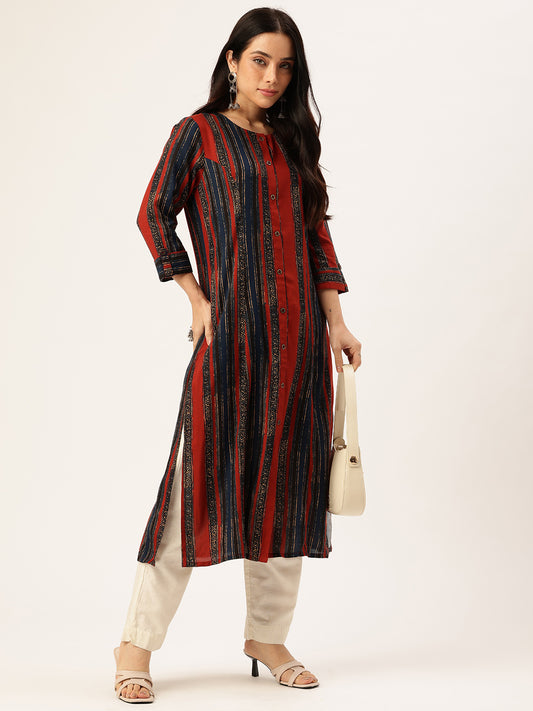 Red & Blue Stripe Printed Kurta
