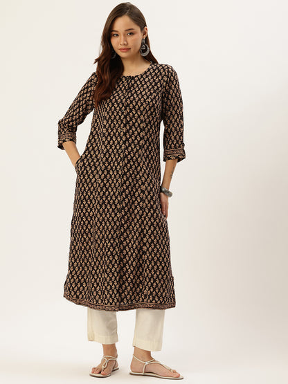 Black Floral Printed Kurta