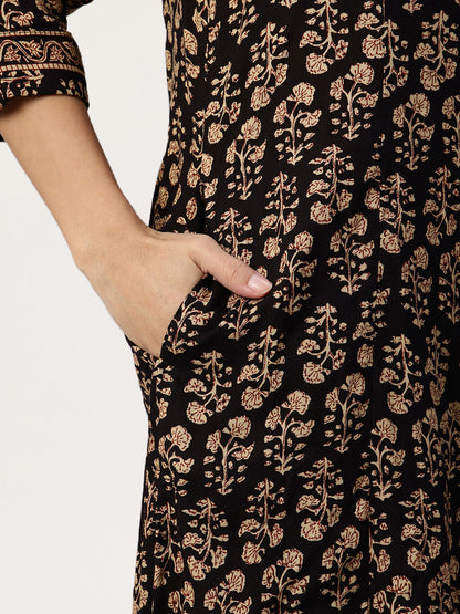 Black Floral Printed Kurta