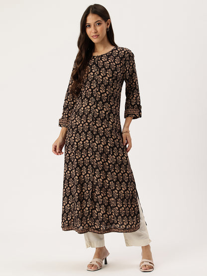 Black Floral Printed Kurta