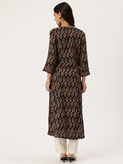 Black Floral Printed Kurta