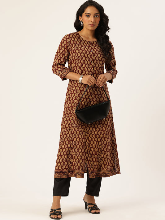 Maroon Butti Printed Kurta, Princess Cur Kurta, A-Line Kurta, Floral Print, Mandarin Collar kurta, printed kurta
