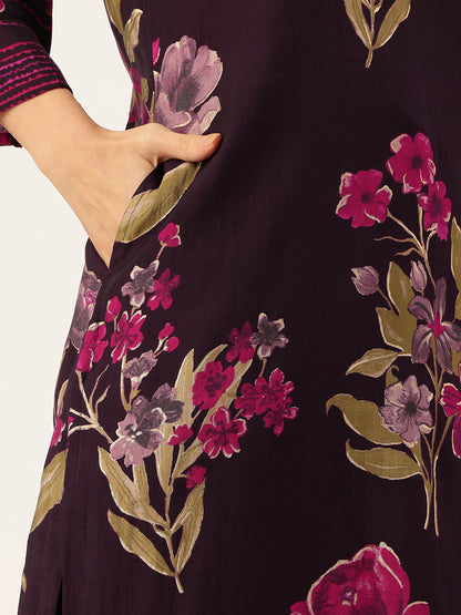 Purple Floral Printed Regular Kurta with Trouser & Dupatta