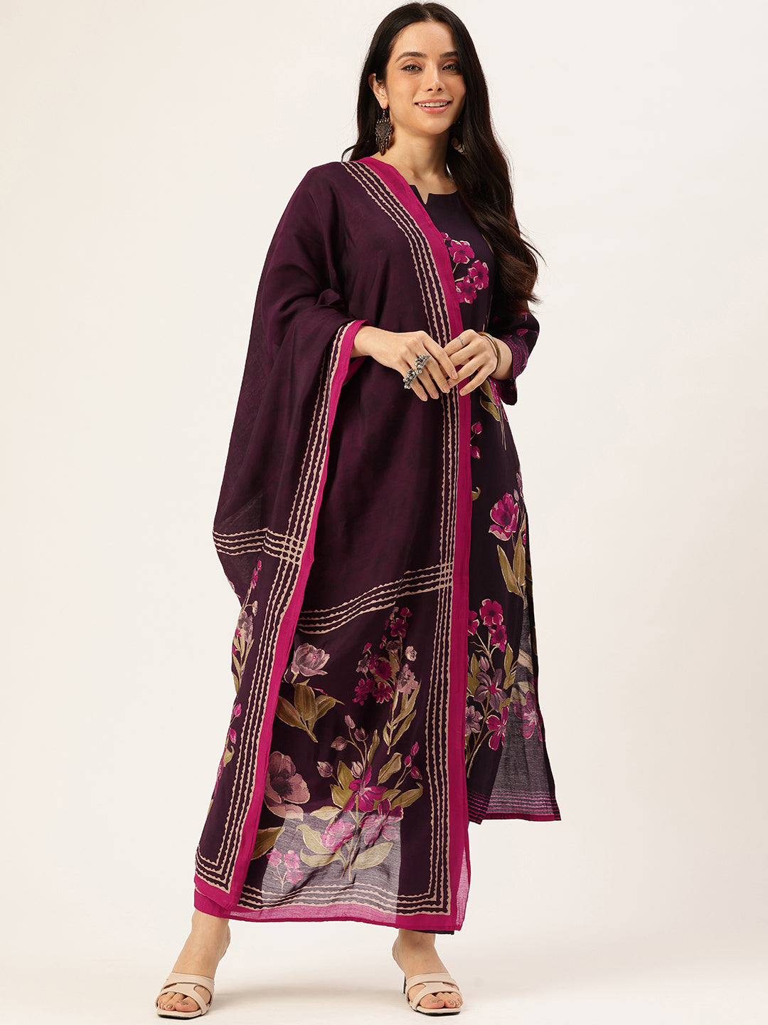 Purple Floral Printed Regular Kurta with Trouser & Dupatta