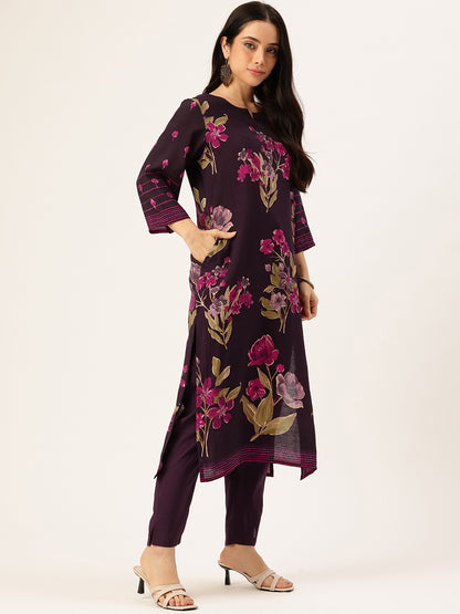 Purple Floral Printed Regular Kurta with Trouser & Dupatta