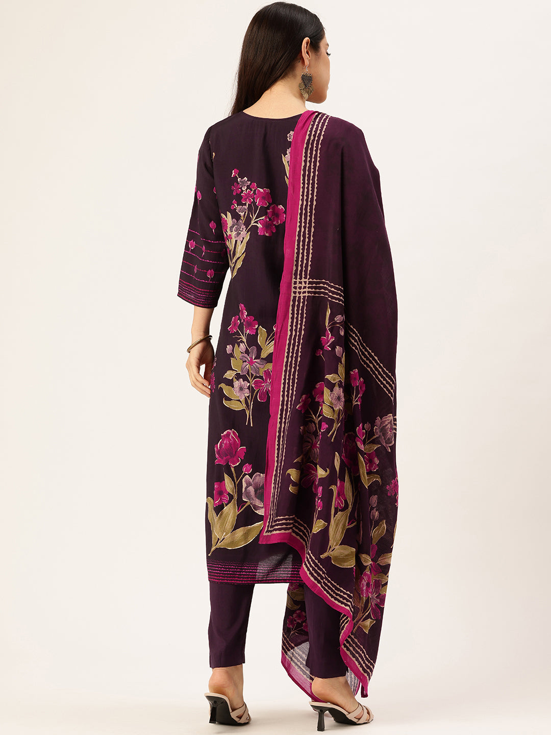 Purple Floral Printed Regular Kurta with Trouser & Dupatta