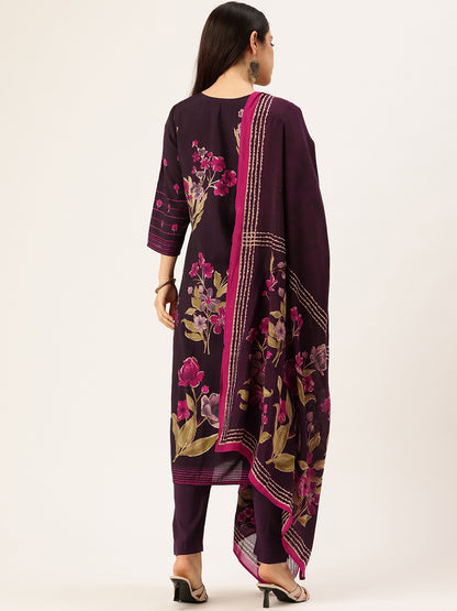 Purple Floral Printed Regular Kurta with Trouser & Dupatta