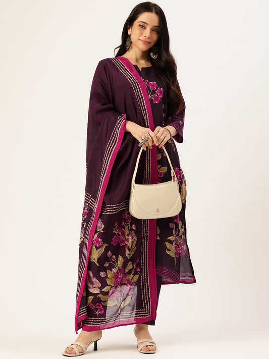 Purple Floral Printed Regular Kurta with Trouser & Dupatta