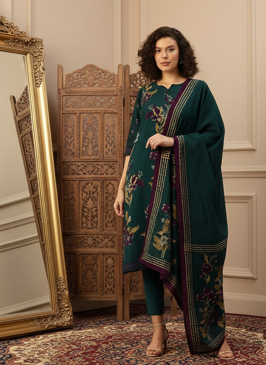 Green Floral Printed Regular Kurta with Trouser & Dupatta, kurta set, Kurta with Trouser & Dupatta, floral printed kurta set
