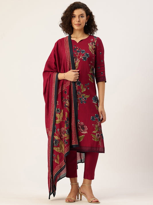 Pink Floral Printed Regular Kurta with Trouser & Dupatta