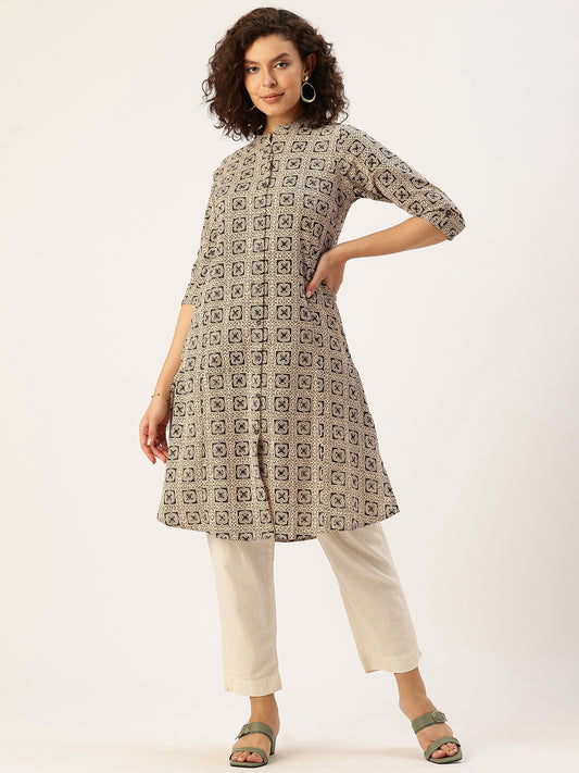 Beige Printed A Line Kurta