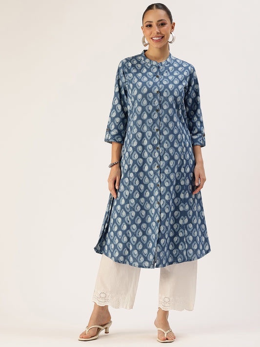 Blue Printed A Line Kurta