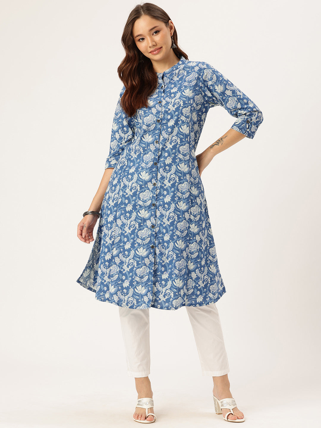 Blue & White Printed A Line Kurta