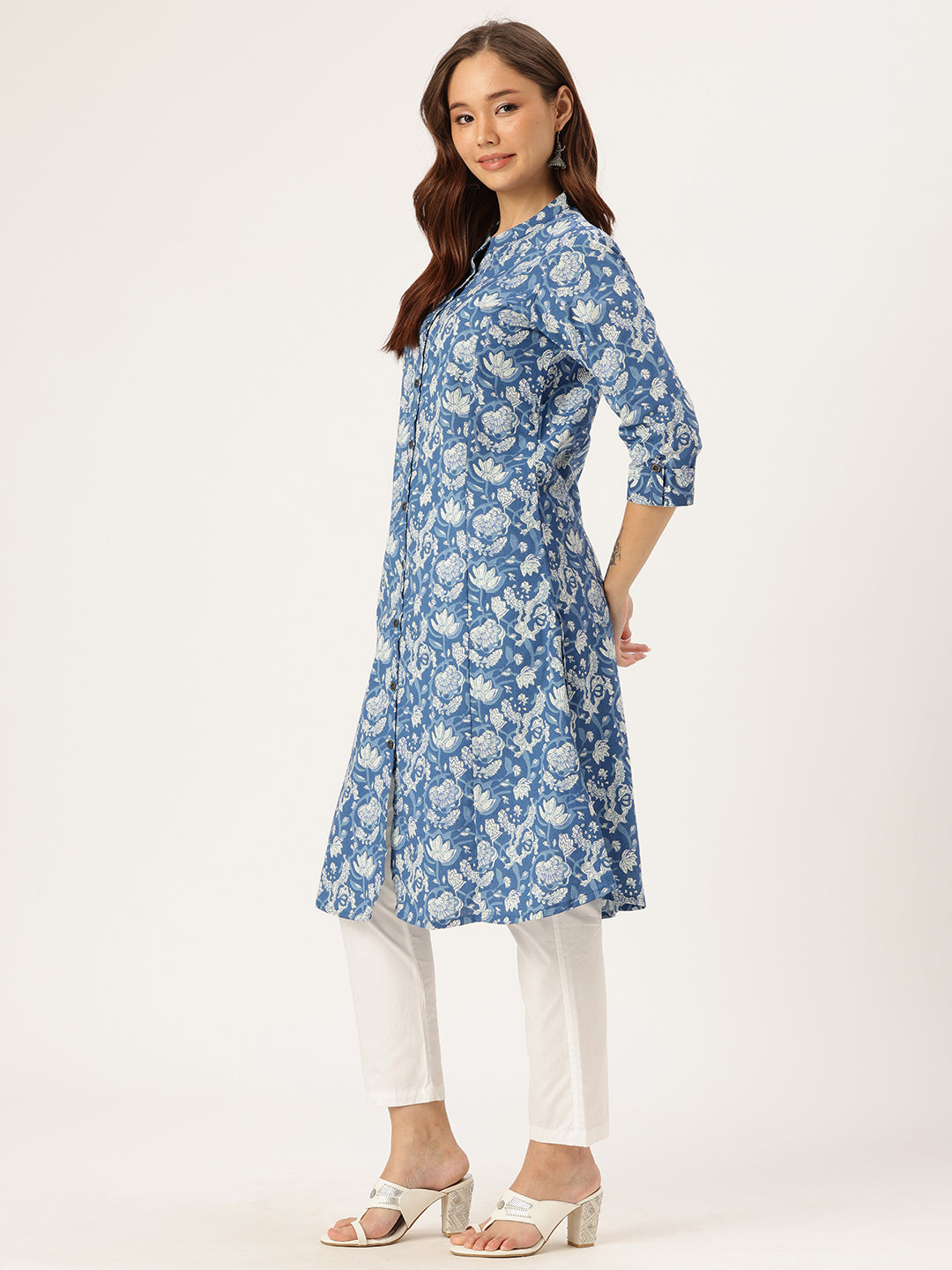 Blue & White Printed A Line Kurta
