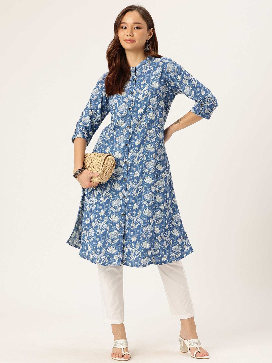Blue & White Printed A Line Kurta