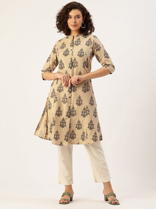 Beige Printed A Line Kurta