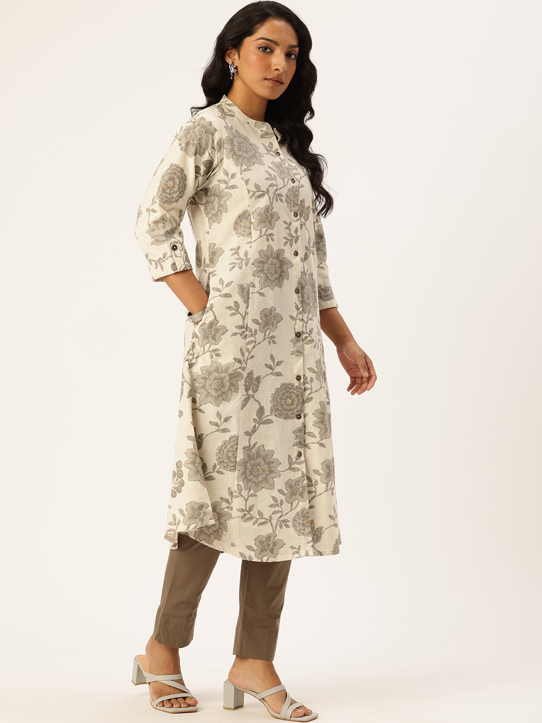 Beige Floral Printed Pure A Line Kurta